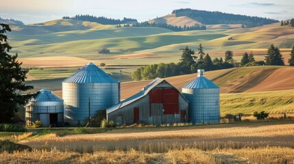 Grain silos near a farmstead with a barn and rolling hills in the background. 