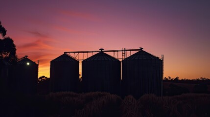 Fototapeta premium Grain silos silhouetted against the soft light of dawn in the countryside.