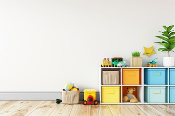 Kids bedroom furniture with colorful toys, wide banner mockup for daycare and kindergarten