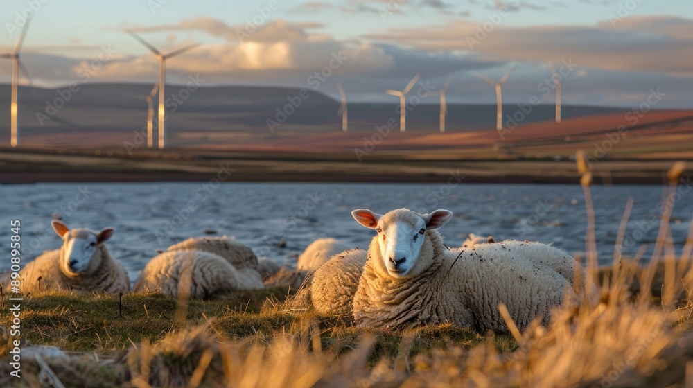 Poster Sheep resting by the lake with wind turbines capturing the first light of day in the distance. 