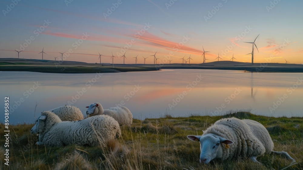 Poster Sheep resting by the lake with wind turbines capturing the first light of day in the distance. 