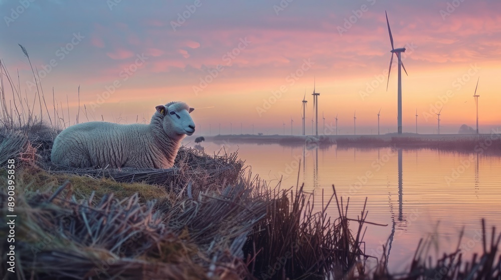 Aufkleber Sheep resting by the lake with wind turbines capturing the first light of day in the distance. 