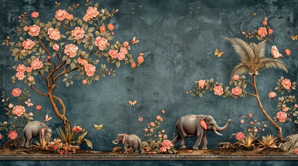 vector, illustration, Vintage botanical palm tree, Indian elephant, floral tree, butterfly, bird, plant floral seamless border. Exotic chinoiserie mural