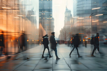 Dynamic urban scene with blurred figures walking in a modern cityscape, perfect for lifestyle marketing, city living themes, and business applications.