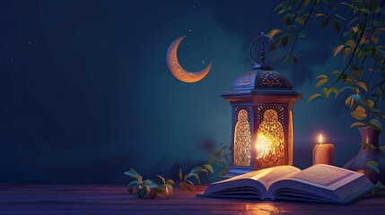 islamic background with quran on table and candles at night with crescent moon