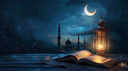islamic background with quran on table and candles at night with crescent moon