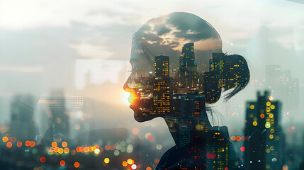 Double exposure of a woman’s silhouette against a vibrant city skyline, symbolizing ambition, growth, and modern lifestyle. Perfect for business and inspiration themes.