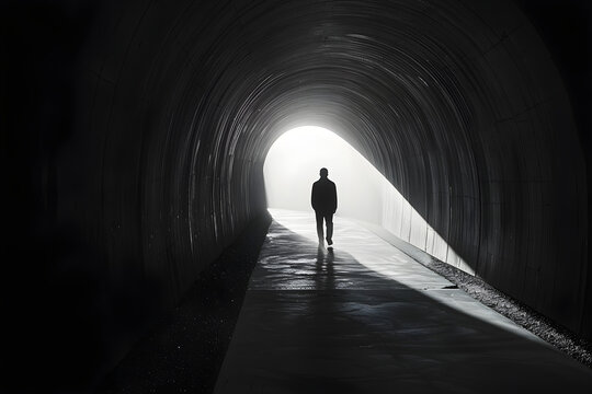 A mysterious silhouette of a person walking through a dark tunnel, illuminated by a bright light, symbolizing hope and journey. Perfect for inspirational themes.
