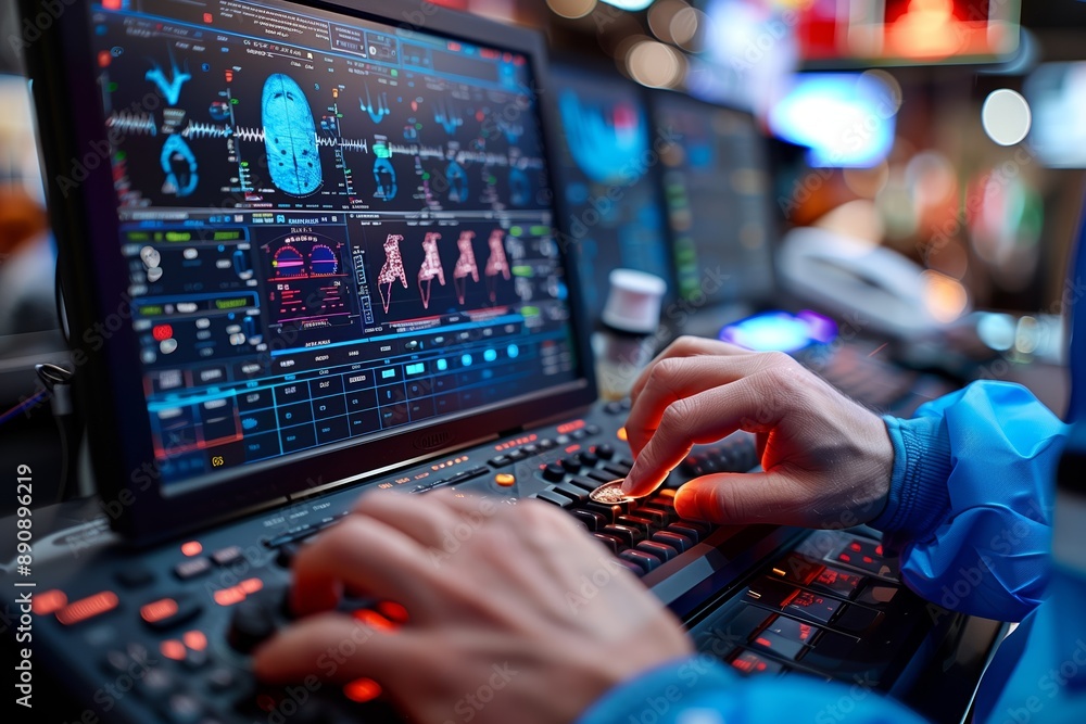 Poster closeup of hands working on a digital audio workstation with brain scan display