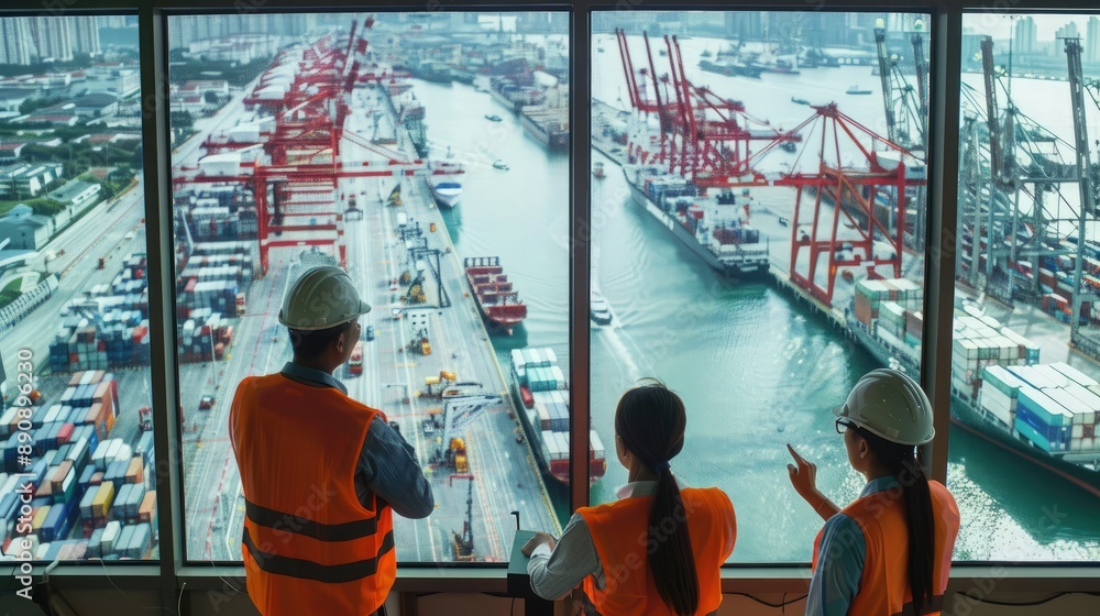 Poster The business team consulting a large map of the harbor to coordinate cargo movements and delivery routes. 