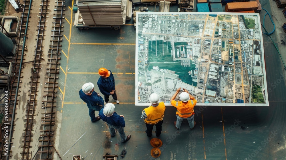Poster the business team consulting a large map of the harbor to coordinate cargo movements and delivery ro