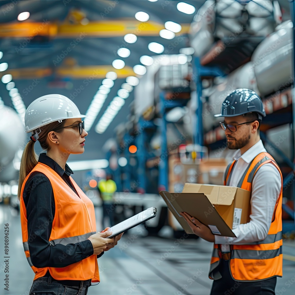 Poster the business team coordinating logistics and freight handling in a modern cargo terminal.