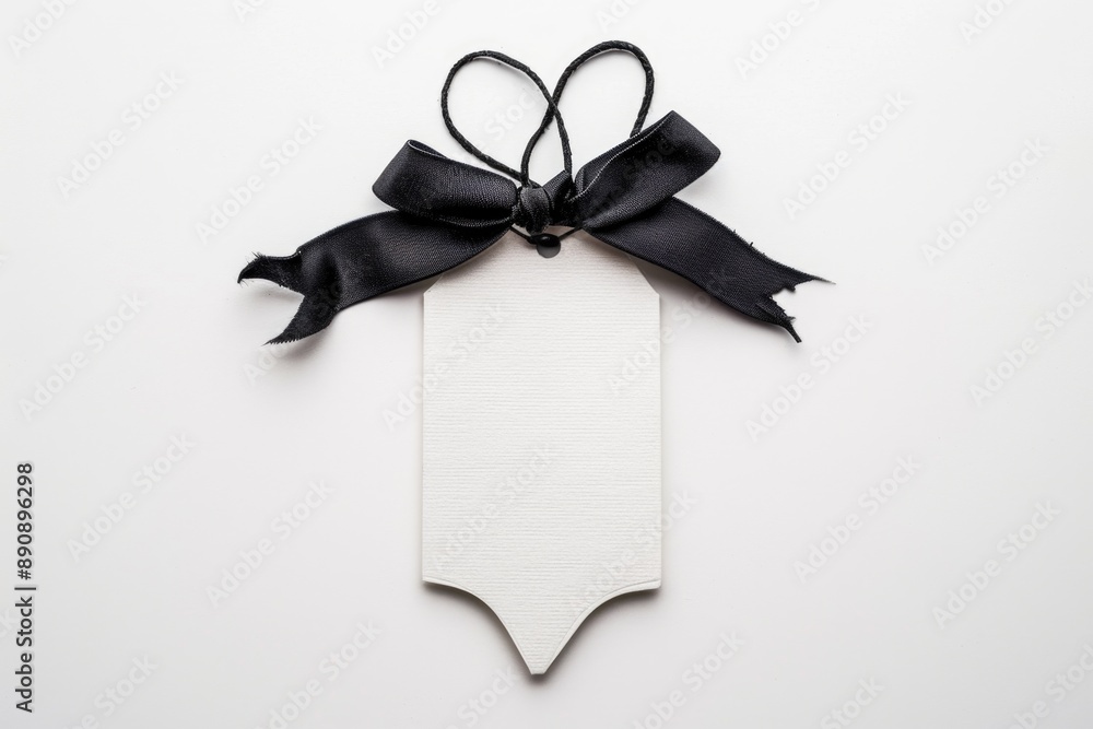 Poster a simple white tag with a black bow on a white background