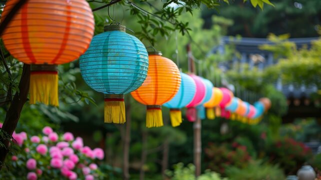 Colorful Corean paper lanterns hanging in garden with flowers and greenery
