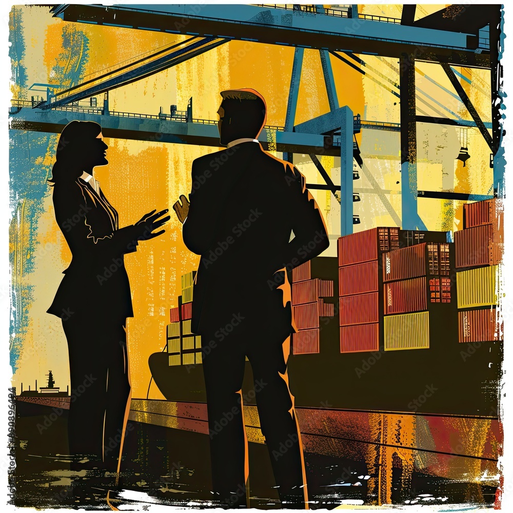 Poster the businessman and businesswoman collaborating on import/export strategies near a ship unloading ar