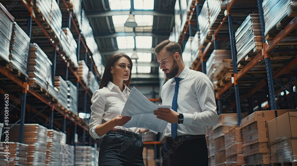 Poster the businessman and businesswoman examining documents and checking orders in a busy warehouse termin
