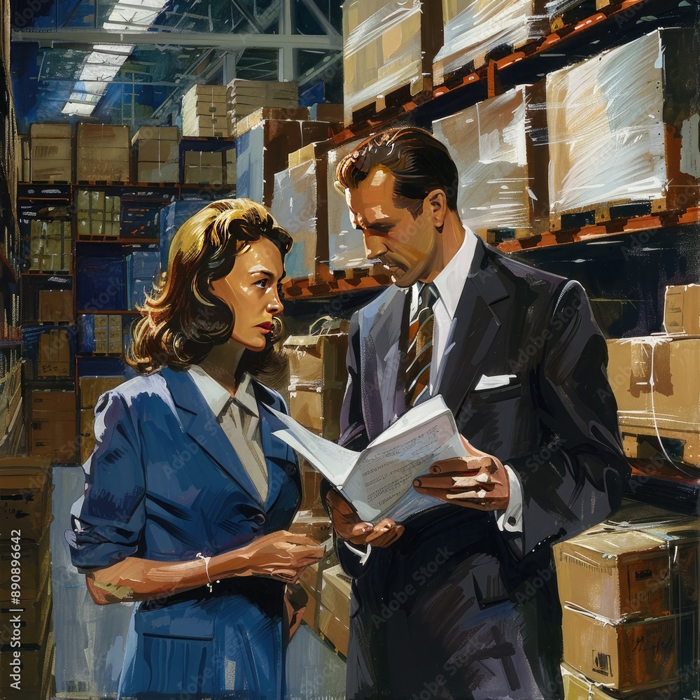 Poster the businessman and businesswoman examining documents and checking orders in a busy warehouse termin