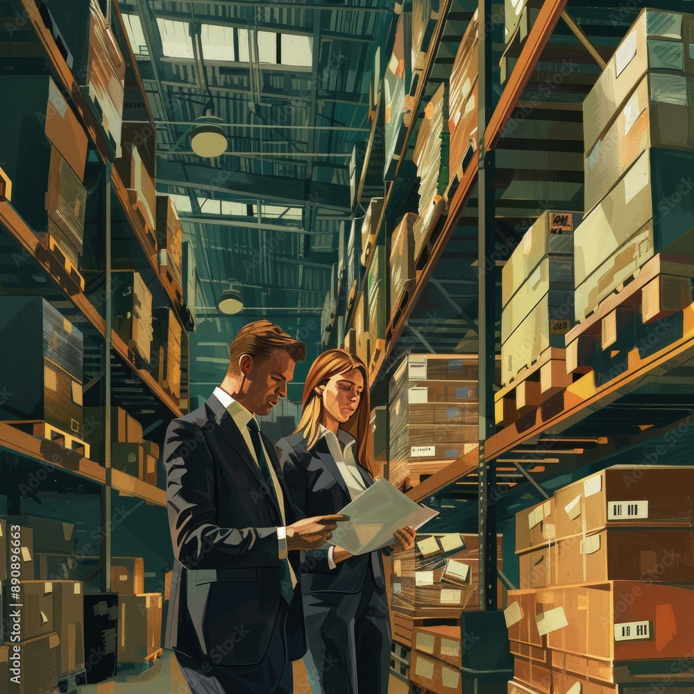 Poster the businessman and businesswoman examining documents and checking orders in a busy warehouse termin