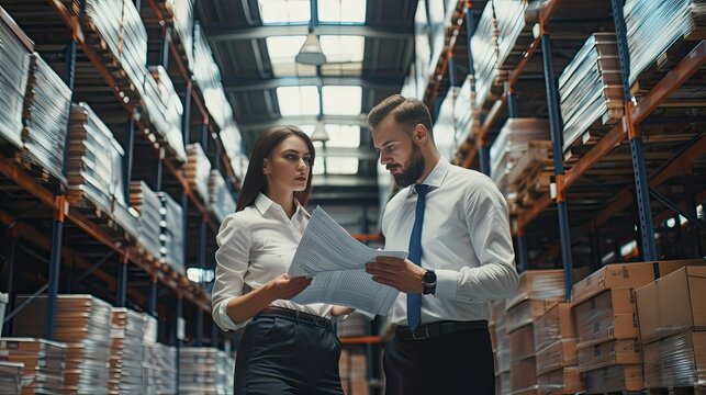 The businessman and businesswoman examining documents and checking orders in a busy warehouse terminal.