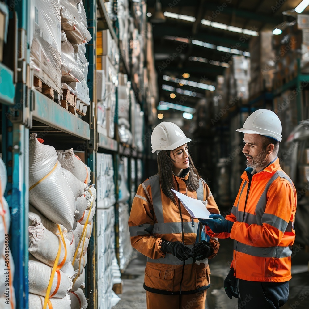 Poster the duo conducting quality control checks on goods in the storage area of the terminal