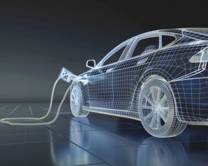 Electric vehicle at eco friendly charging station with sustainable energy wireframe concept