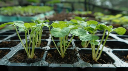 Young seedlings sprouting in a pot, with lush green leaves and visible roots. 