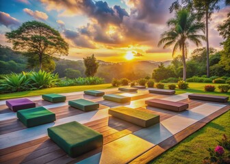 Vibrant sunset hues illuminate a serene outdoor yoga setting, with empty mats and blocks arranged amidst lush greenery, evoking a sense of peaceful tranquility.