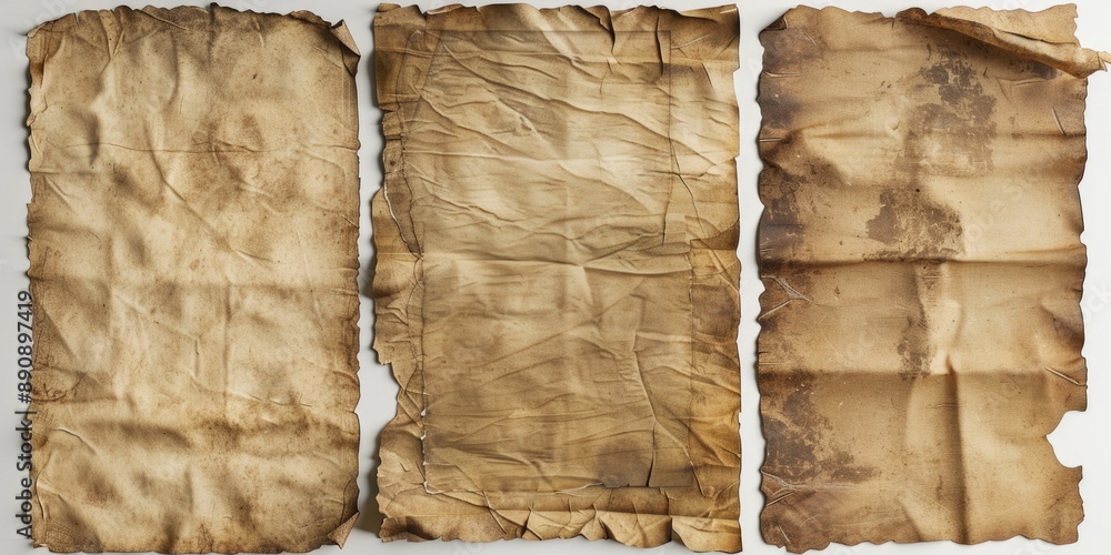 Poster three vintage-style papers with torn edges lying on a plain white surface