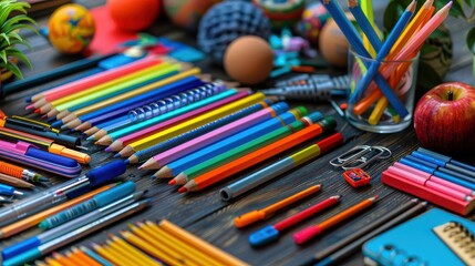 Colorful pencils, pens, and other school supplies arranged on a wooden table.