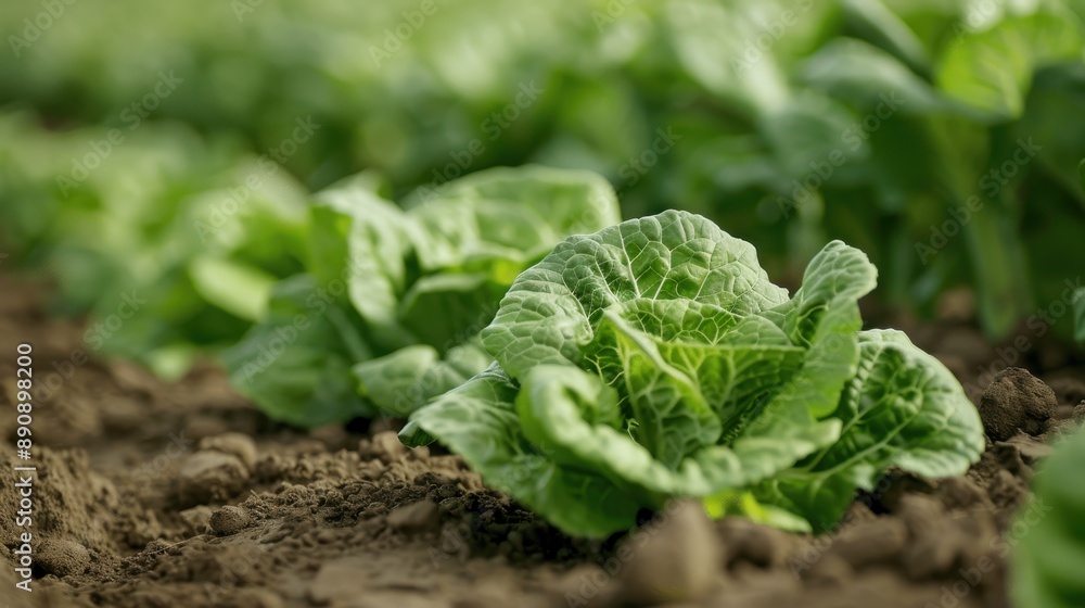 Poster A field full of healthy green cabbages growing in orderly rows on fertile soil, representing agricultural prosperity and the nurturing essence of nature's bounty.