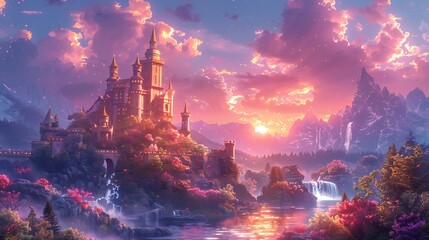 Magical birthday party invitation set in an open area fantasy world with castles and dragons featuring a writing space on the right side for birthday wishes and event details
