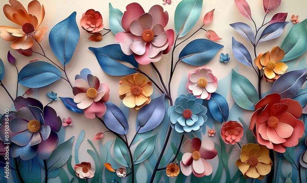 Wall mural elegant colorful 3d flowers with leaves on a tree illustration background. 3d abstraction wallpaper 