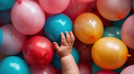 A young child's hand reaching out to touch a vibrant collection of colorful balloons, depicting a joyful atmosphere commonly found in celebrations and parties.