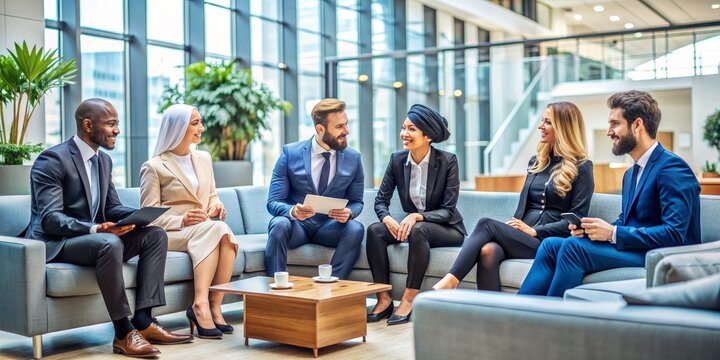 A diverse group of multinational business people conversing in a lobby, multinational, business, professionals