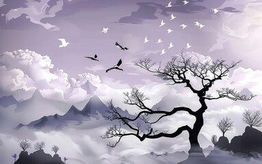 3d mural wallpaper. mountain , white birds in sky with black tree in clouds. light purple background. visually expand the space in a small room, bring more light and become an accent, Generative AI