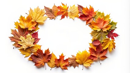 Fototapeta premium Round frame made of autumnal leaves isolated on white background, autumn, foliage, seasonal, natural, border, botanical