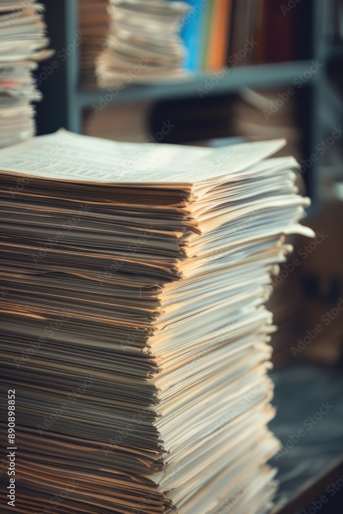 Aufkleber a stack of papers sits on top of a table, awaiting attention or action