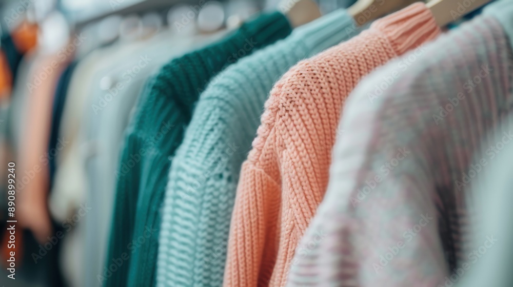 Poster a selection of knit sweaters in a variety of colors and styles are neatly displayed on wooden hanger