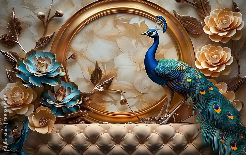 Wall mural luxury elegant leather base above on flowers with peacock illustration background. 3d wallpaper for 