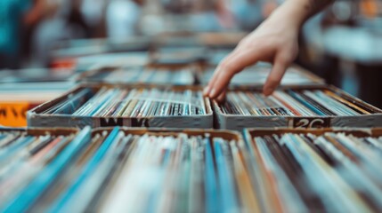 A hand is seen browsing through a dense array of vinyl records in a busy record store, embodying the tactile pleasure and discovery associated with music shopping experience.