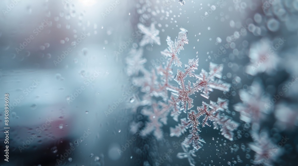 Aufkleber a highly detailed macro photograph capturing the intricate patterns of a snowflake resting on a wet 