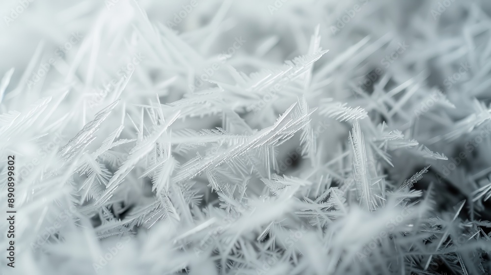 Poster macro photograph of delicate frost crystals forming intricate patterns on a cold surface, showcasing