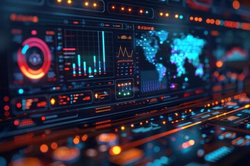 A futuristic digital dashboard displays various data points, including a world map, charts and graphs