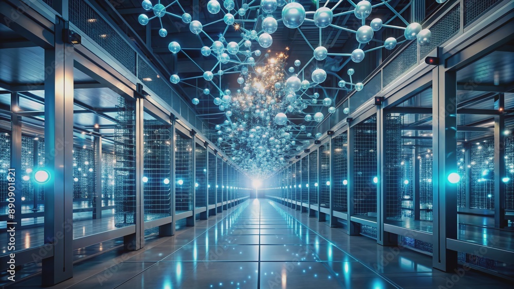 Poster soft, ethereal light illuminates a futuristic laboratory, rows of humming servers and intricate mole