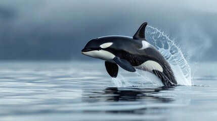 Fototapeta premium A stunning image of an orca breaching the water surface, showcasing its power and grace against a serene ocean background.