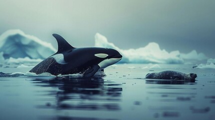 Obraz premium Orca swimming in icy waters with a seal in the Arctic, showcasing wildlife harmony in a stunning cold environment.