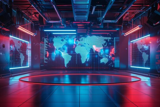 Futuristic news studio with digital world map backdrop for global broadcasting, high tech design