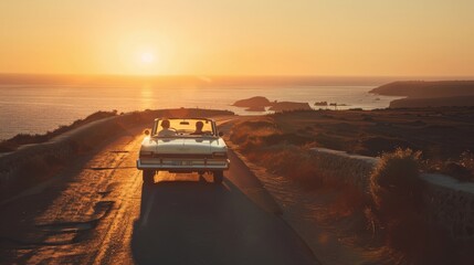Sunset road trip with friends in a vintage car along a coastal route