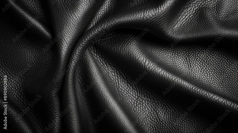 Poster a close-up view of black leather texture, displaying intricate grains and smooth waves. the patterns