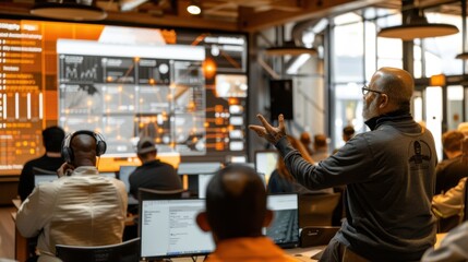 Office setting with a group of employees attentively watching a cybersecurity training session on a large screen, featuring a presenter explaining key concepts with visual aids